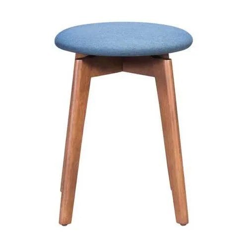 14.4" x 14.4" x 19.3" Walnut and Ink Blue Poly Linen MDF Rubber Wood Stool  Set of 2