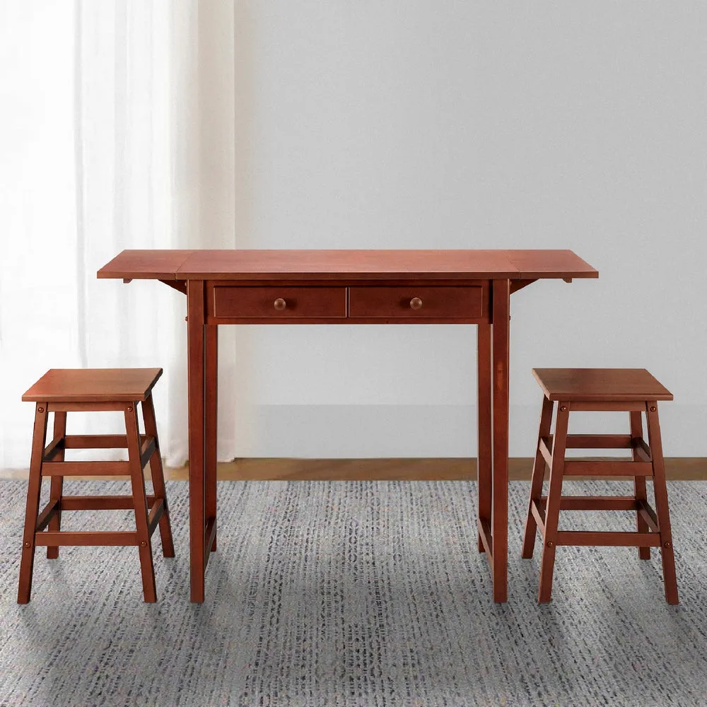 3 Piece Breakfast Table Set with Double Drop Leaf and Wooden Seating, Walnut Brown By The Urban Port