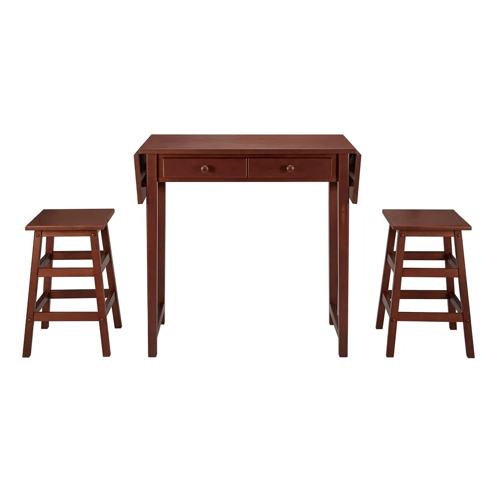 3 Piece Breakfast Table Set with Double Drop Leaf and Wooden Seating, Walnut Brown By The Urban Port