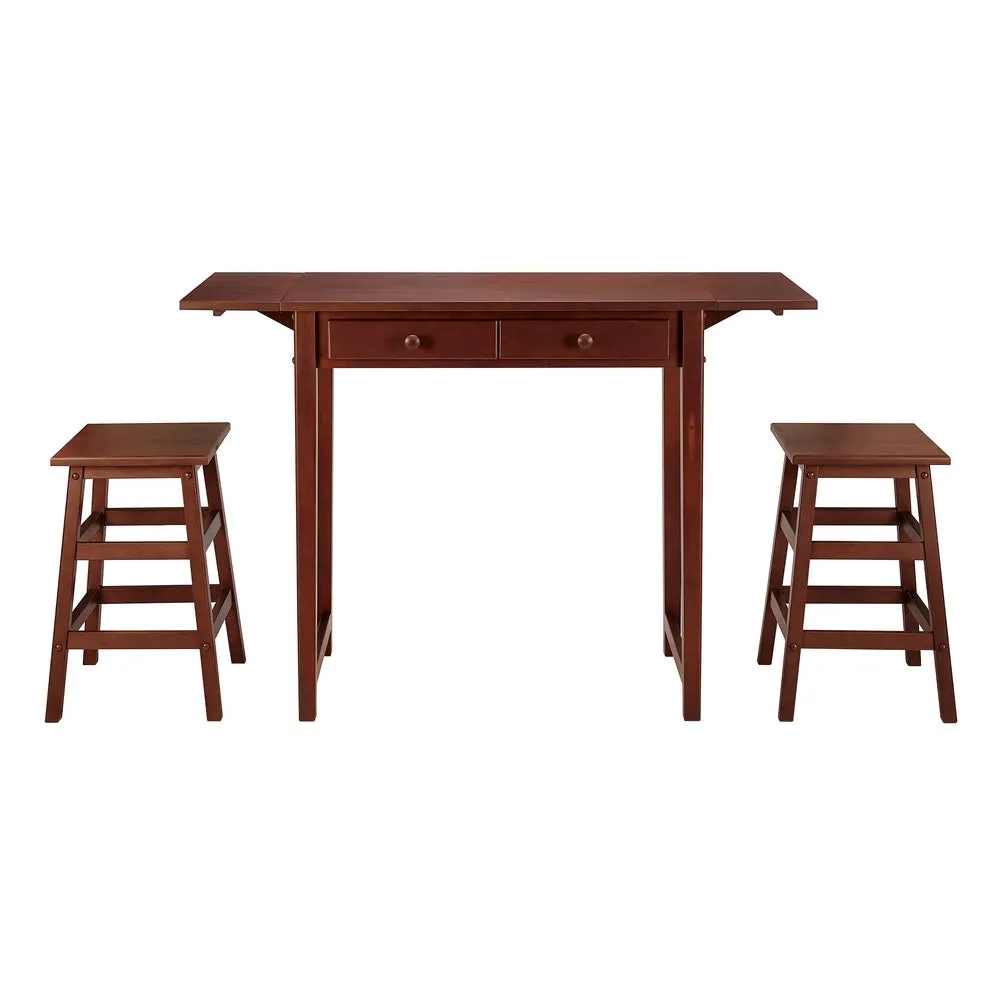 3 Piece Breakfast Table Set with Double Drop Leaf and Wooden Seating, Walnut Brown By The Urban Port