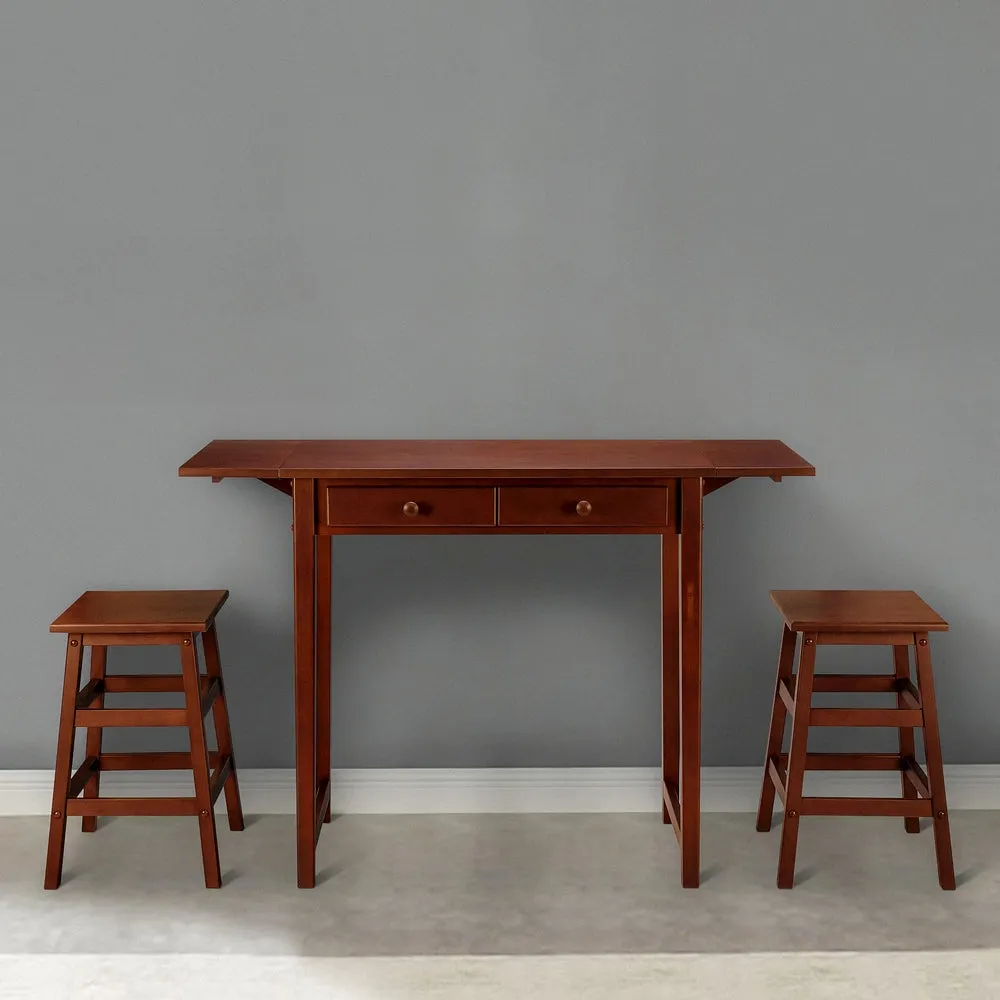 3 Piece Breakfast Table Set with Double Drop Leaf and Wooden Seating, Walnut Brown By The Urban Port