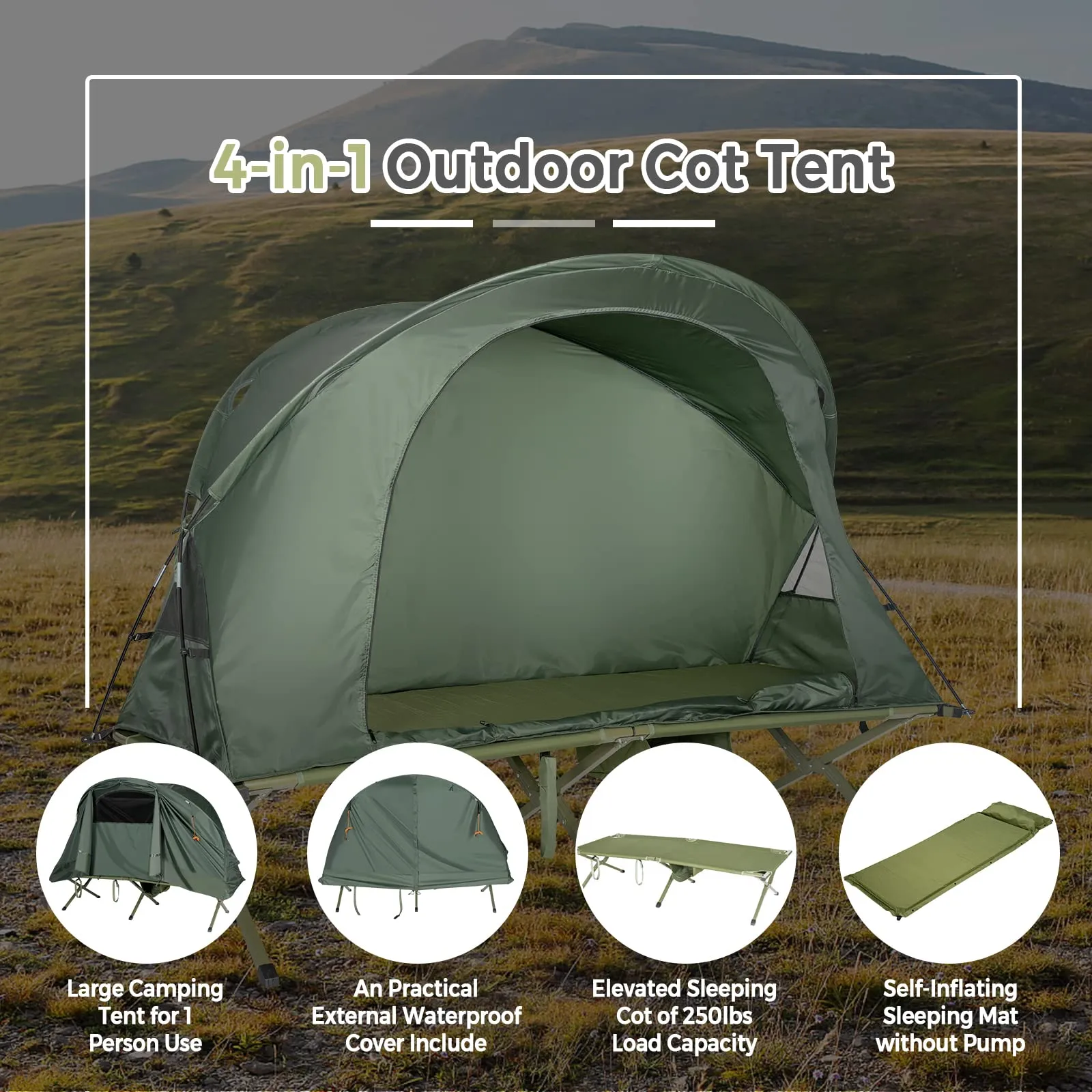 4-in-1 Camping Cot Tent for 1 Person, Foldable Elevated Tent Set, Portable Tent W/Waterproof External Cover