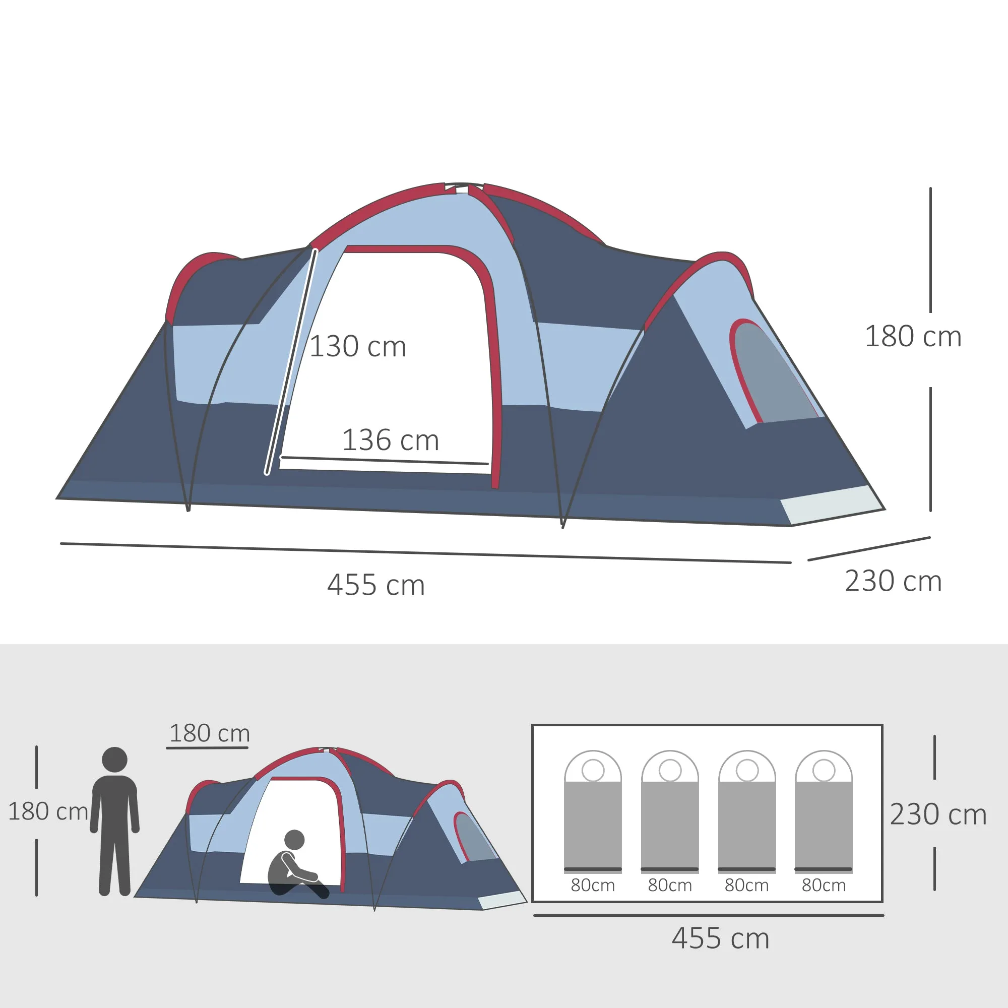 5-6 Man Dome Camping Tent Hiking Shelter UV Protection Water Resistant Tunnel Sun Shade - Grey