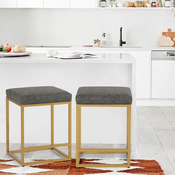 Alpha Camp 24" Square Modern PU Leather Bar Stools with Golden Frame, set of 2