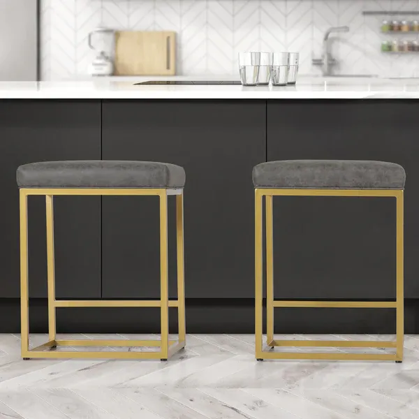 Alpha Camp 24" Square Modern PU Leather Bar Stools with Golden Frame, set of 2