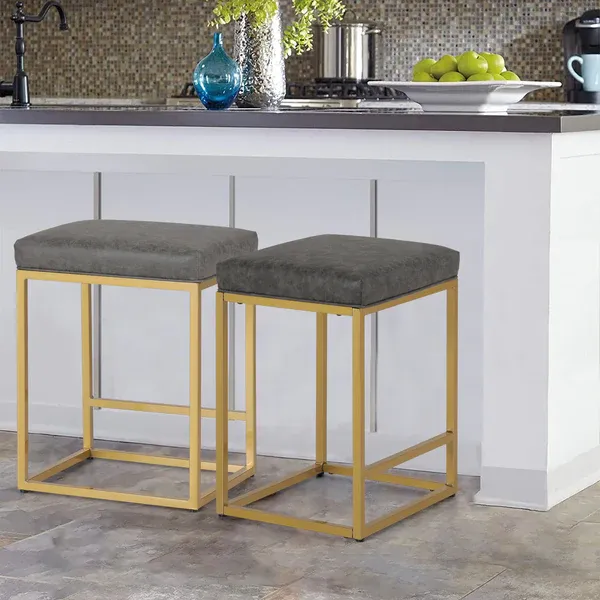 Alpha Camp 24" Square Modern PU Leather Bar Stools with Golden Frame, set of 2