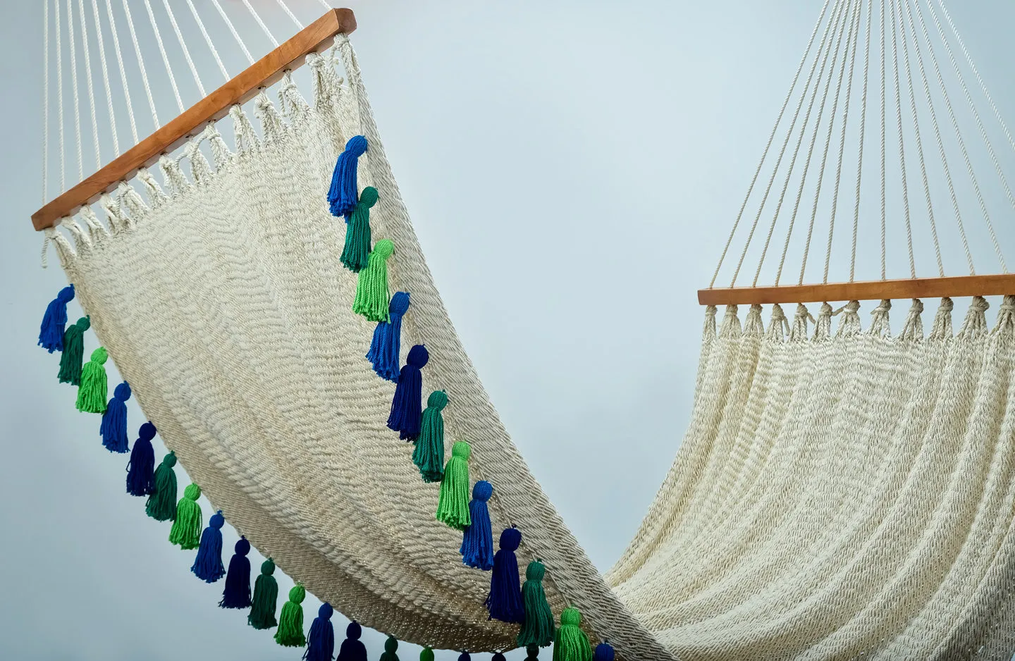 Deluxe Natural Cotton Hammock with Rainforest Inspired Tassels (Wooden Bar)