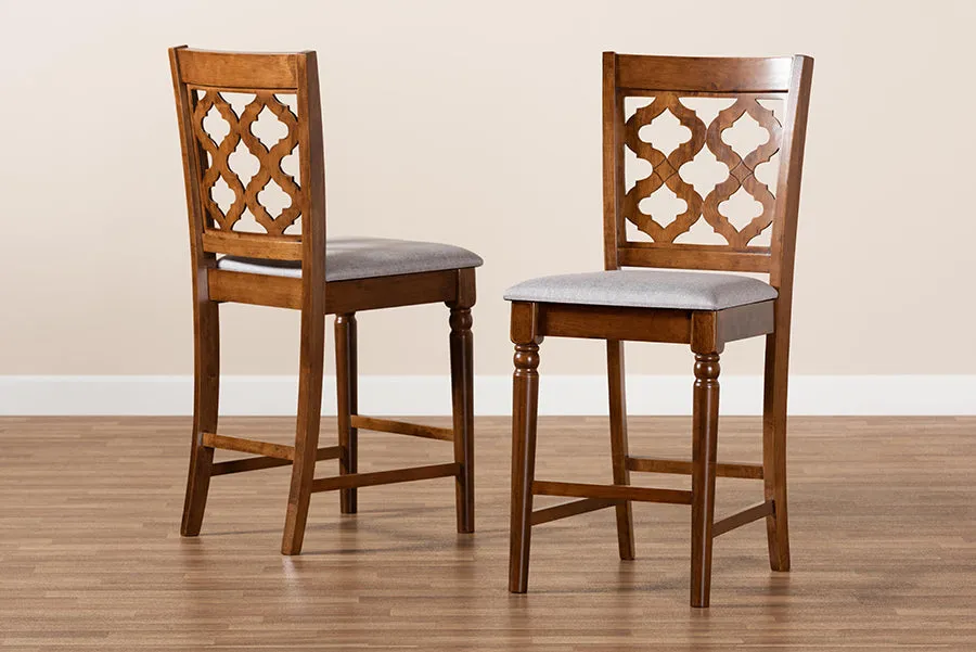 Emily 2pcs Gray Fabric Upholstered Walnut Brown Finished Wood Counter Stool