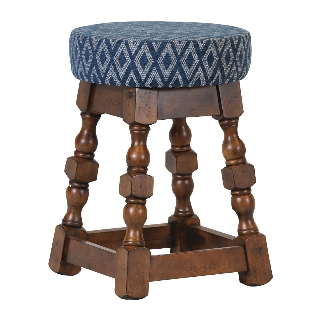 FT406 Classic Rubber Wood Low Bar Stool with Blue Diamond Seat (Pack of 2)