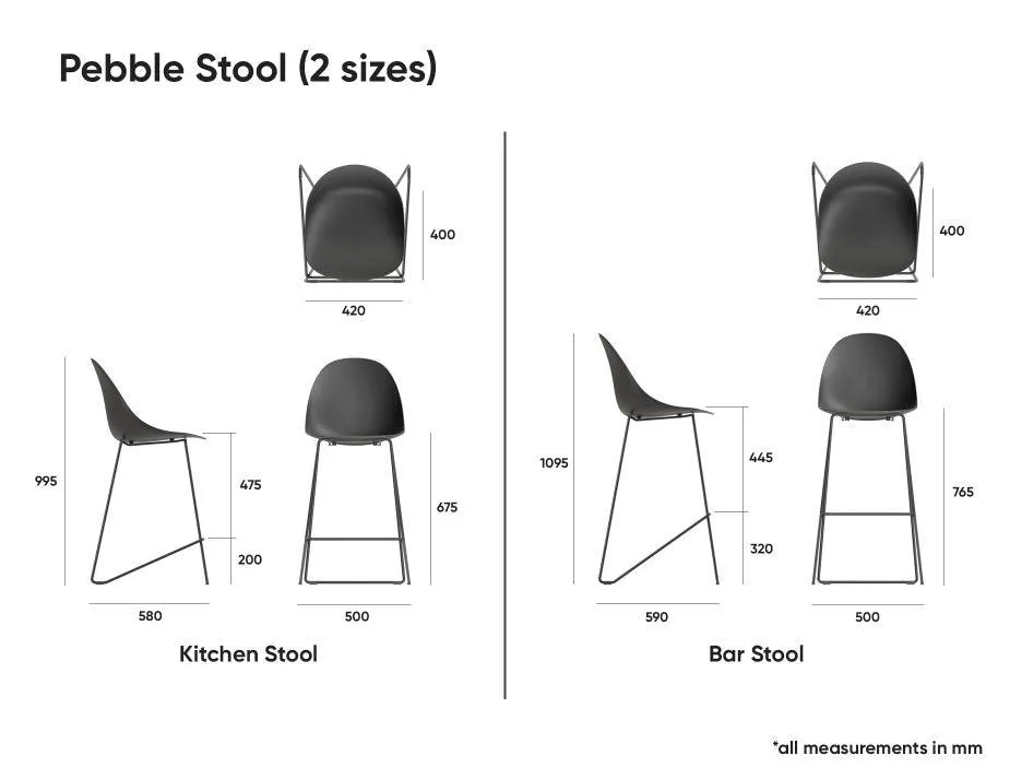 Pebble Black Stool Shell Seat - Counter Stool 65cm Seat