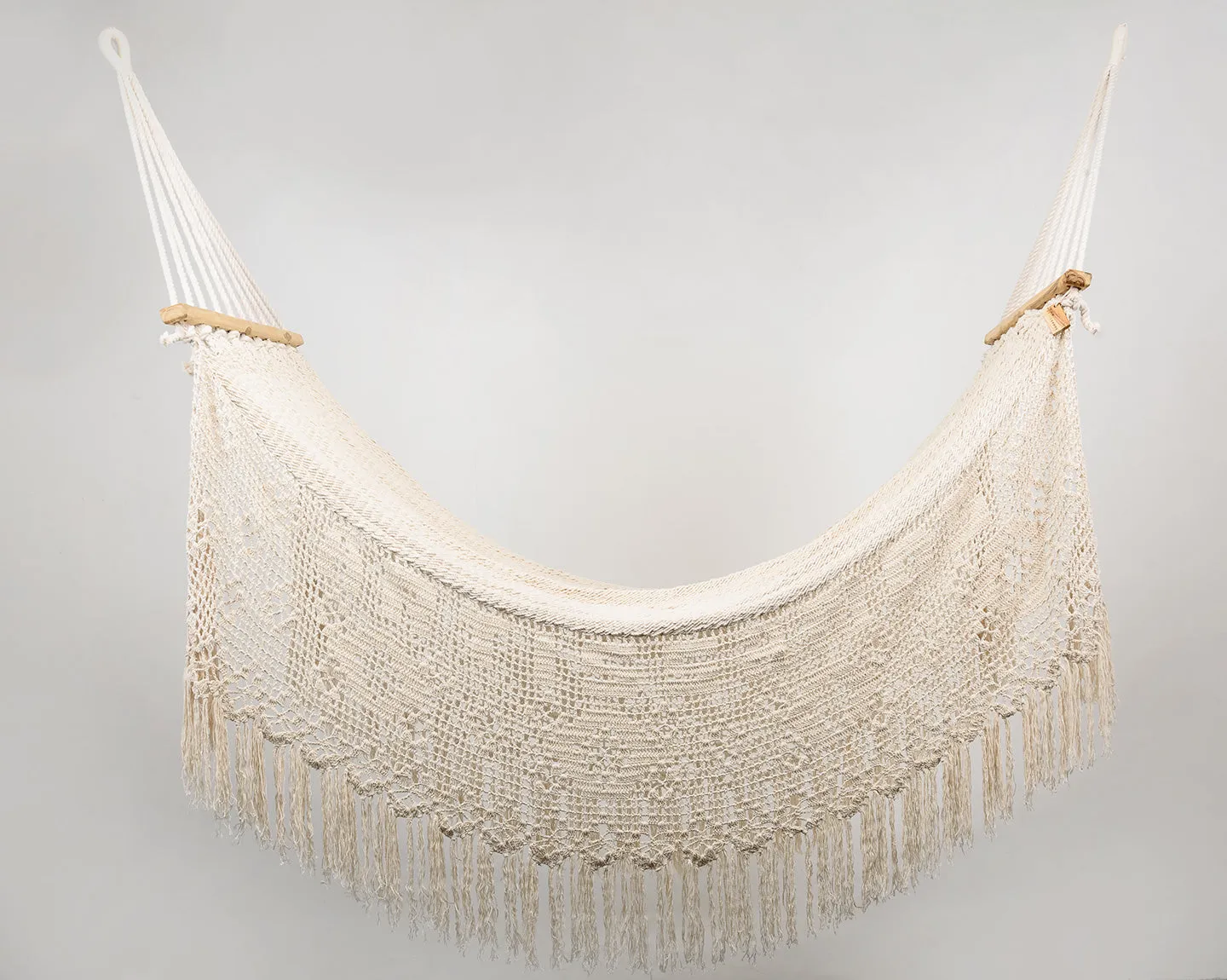 Personalized Boho Natural Cotton Hammock with Macrame Fringe (Wooden Bar)