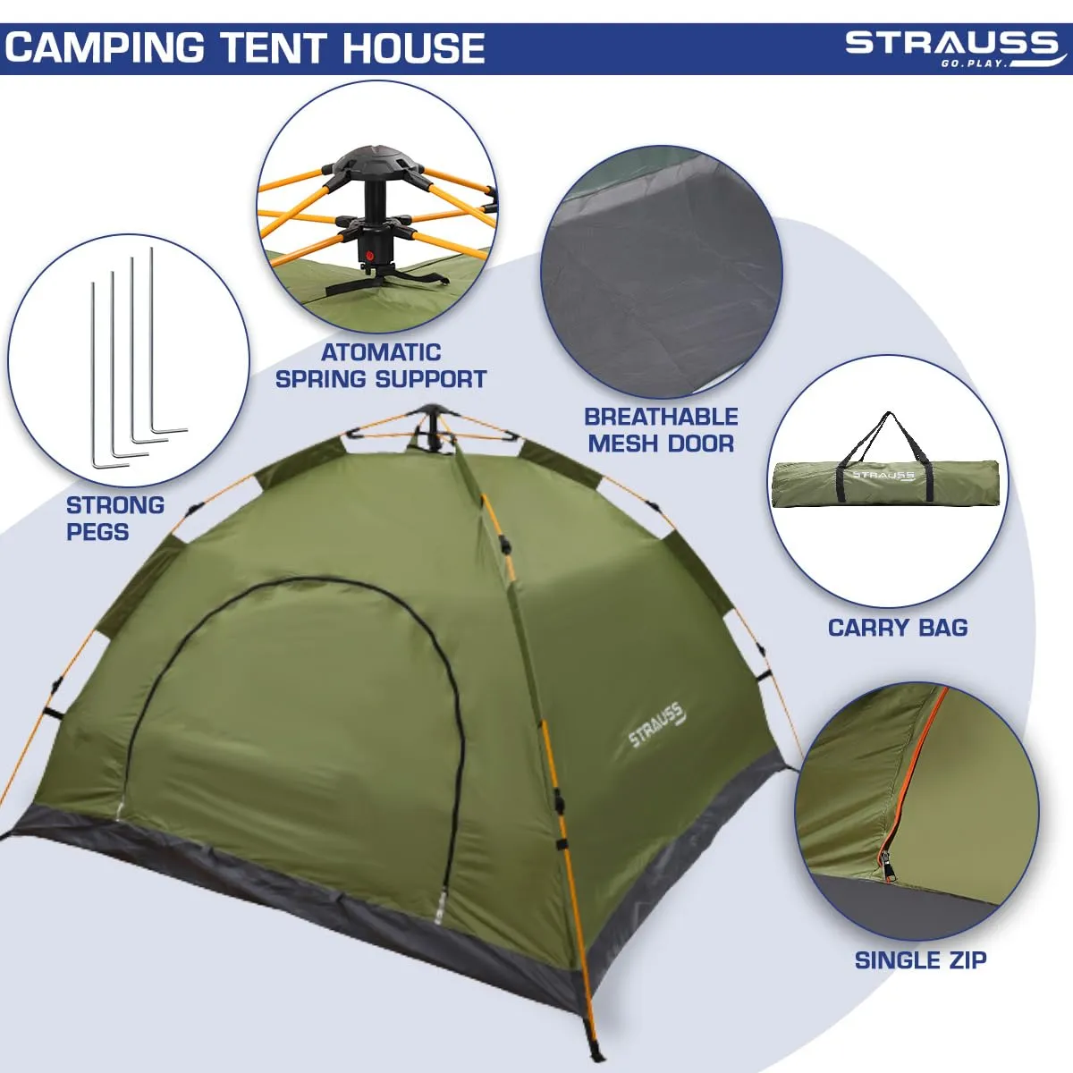 STRAUSS Automatic Portable Tent for Camping|5-10 Minutes Easy Setup|Ideal for Picnic,Hiking,Trekking,Outdoor Tent for Travel|Waterproof and Windproof Tent for Camping|Superior Air Ventilation|(Green)