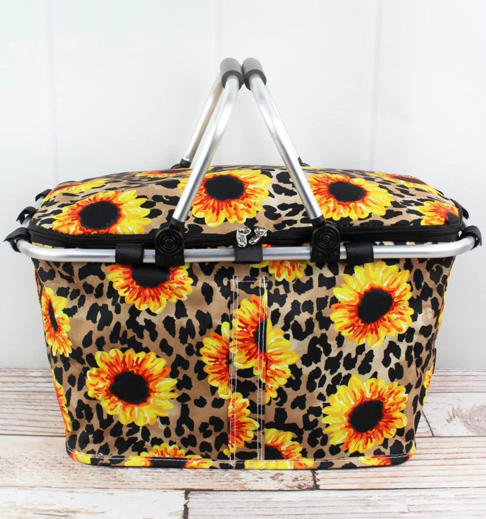 Sunflower and Leopard Insulated Collapsible Cooler/Tote/Market/ Picnic Basket (NGIL Brand)