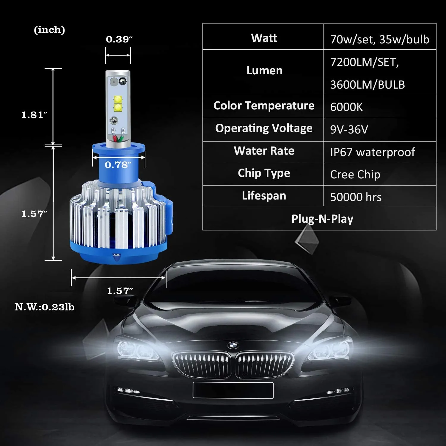 T1 H3 6000K 7200LM Headlight Bulb LED Cool White