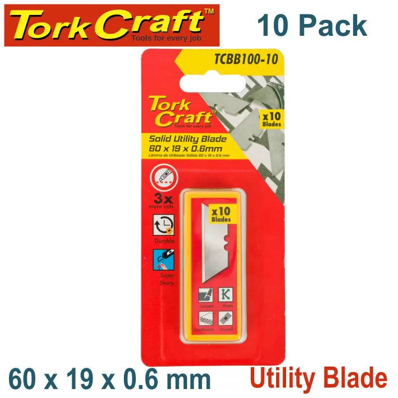 TORK CRAFT UTILITY BLADE SOLID 60MM X 19MM X 0.6MM 10PC SK5 TCBB100-10